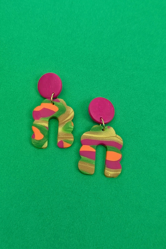 Boucles d'oreilles Groovy Rose, Vert et Doré - Collection Les Éclatées