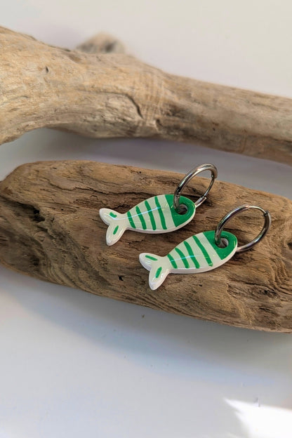 Boucles d'oreilles poisson vert La Marinière – Sardines de bonheur, faites main à Montréal