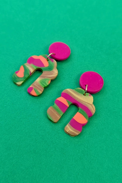 Boucles d'oreilles Groovy Rose, Vert et Doré - Collection Les Éclatées