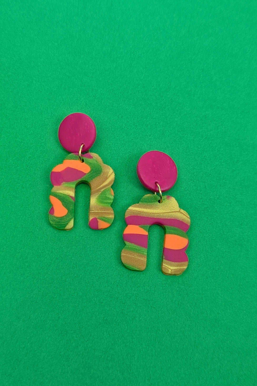 Boucles d'oreilles Groovy Rose, Vert et Doré - Collection Les Éclatées