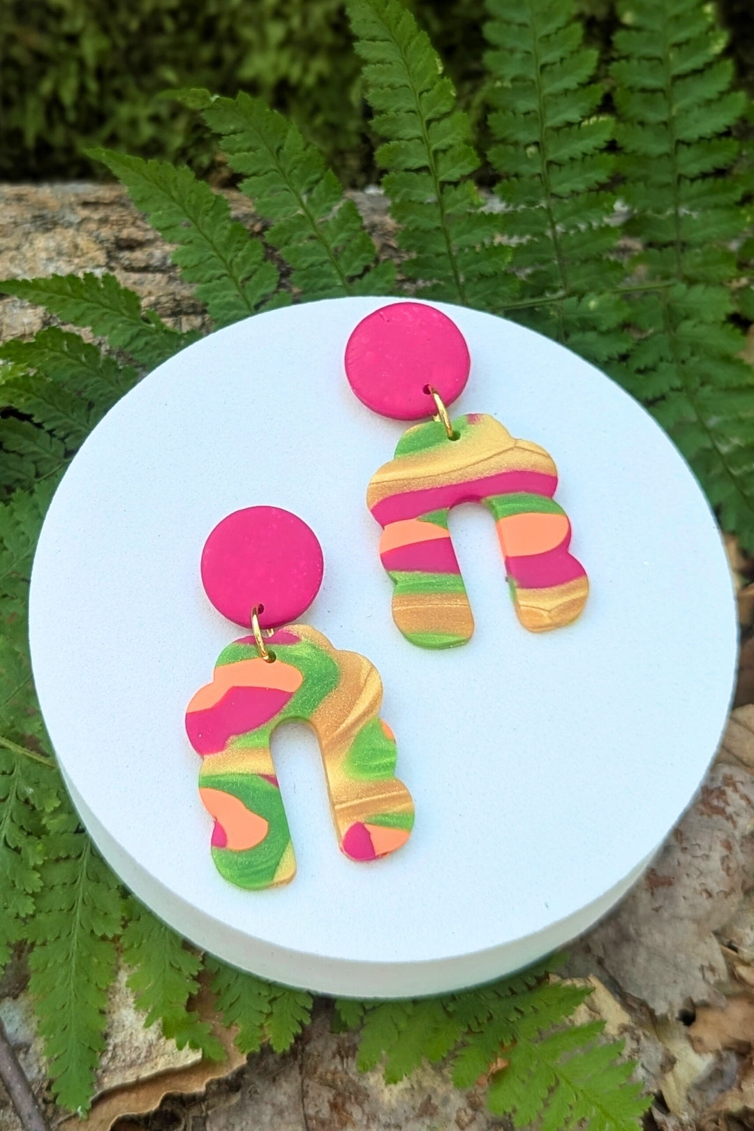 Boucles d'oreilles Groovy Rose, Vert et Doré - Collection Les Éclatées