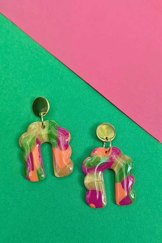 Boucles d'oreilles Groovy Rose, Vert et Doré - Collection Les Éclatées