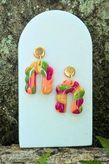 Boucles d'oreilles Groovy Rose, Vert et Doré - Collection Les Éclatées