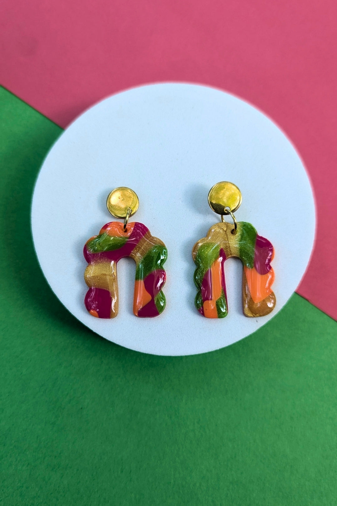 Boucles d'oreilles Groovy Rose, Vert et Doré - Collection Les Éclatées