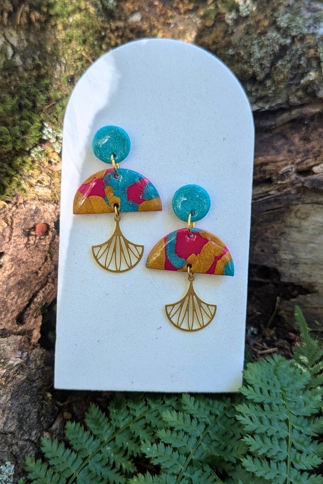 Boucles d'oreilles Éventail- Turquoise et rose - Collection Les Éclatées