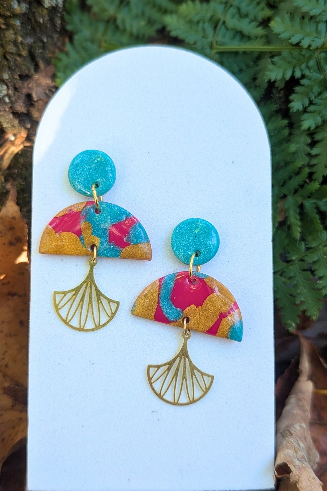 Boucles d'oreilles Éventail- Turquoise et rose - Collection Les Éclatées