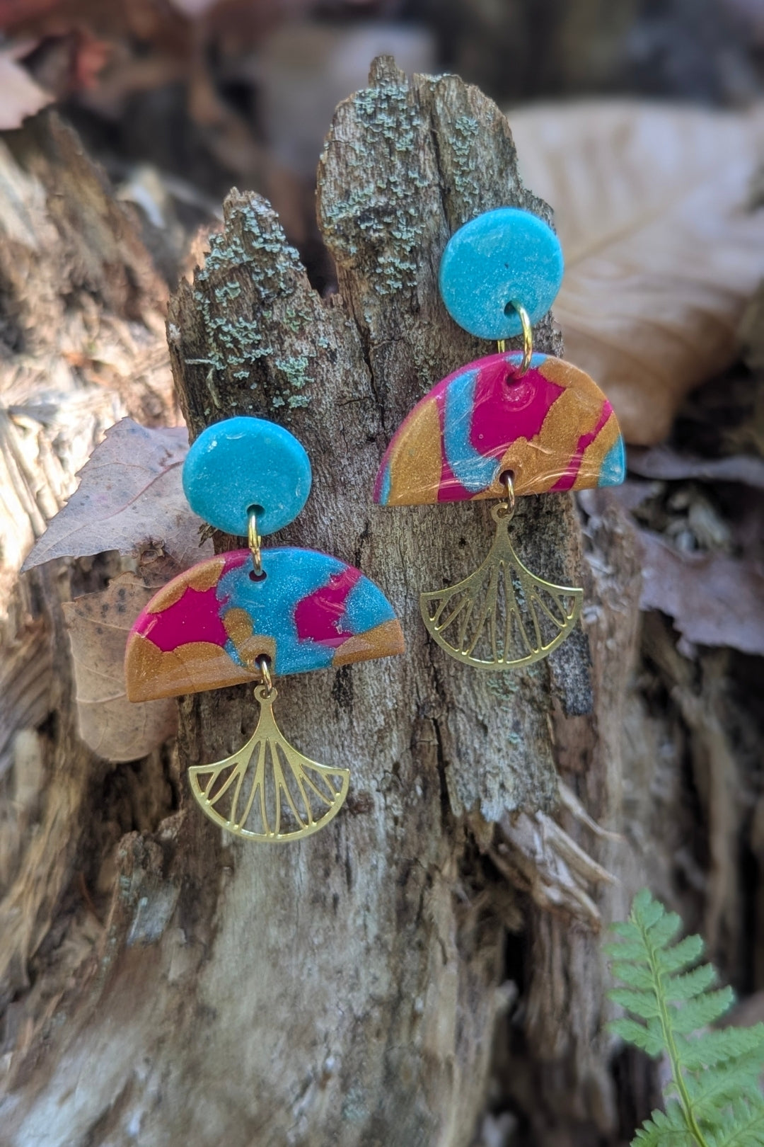 Boucles d'oreilles Éventail- Turquoise et rose - Collection Les Éclatées