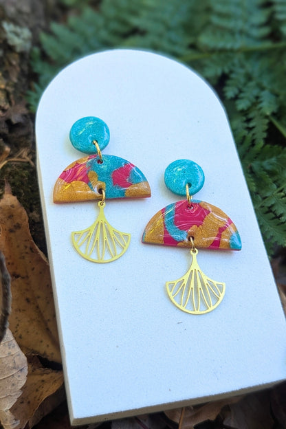 Boucles d'oreilles Éventail- Turquoise et rose - Collection Les Éclatées