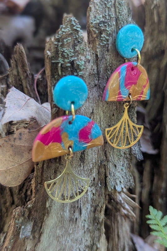 Boucles d'oreilles Éventail- Turquoise et rose - Collection Les Éclatées