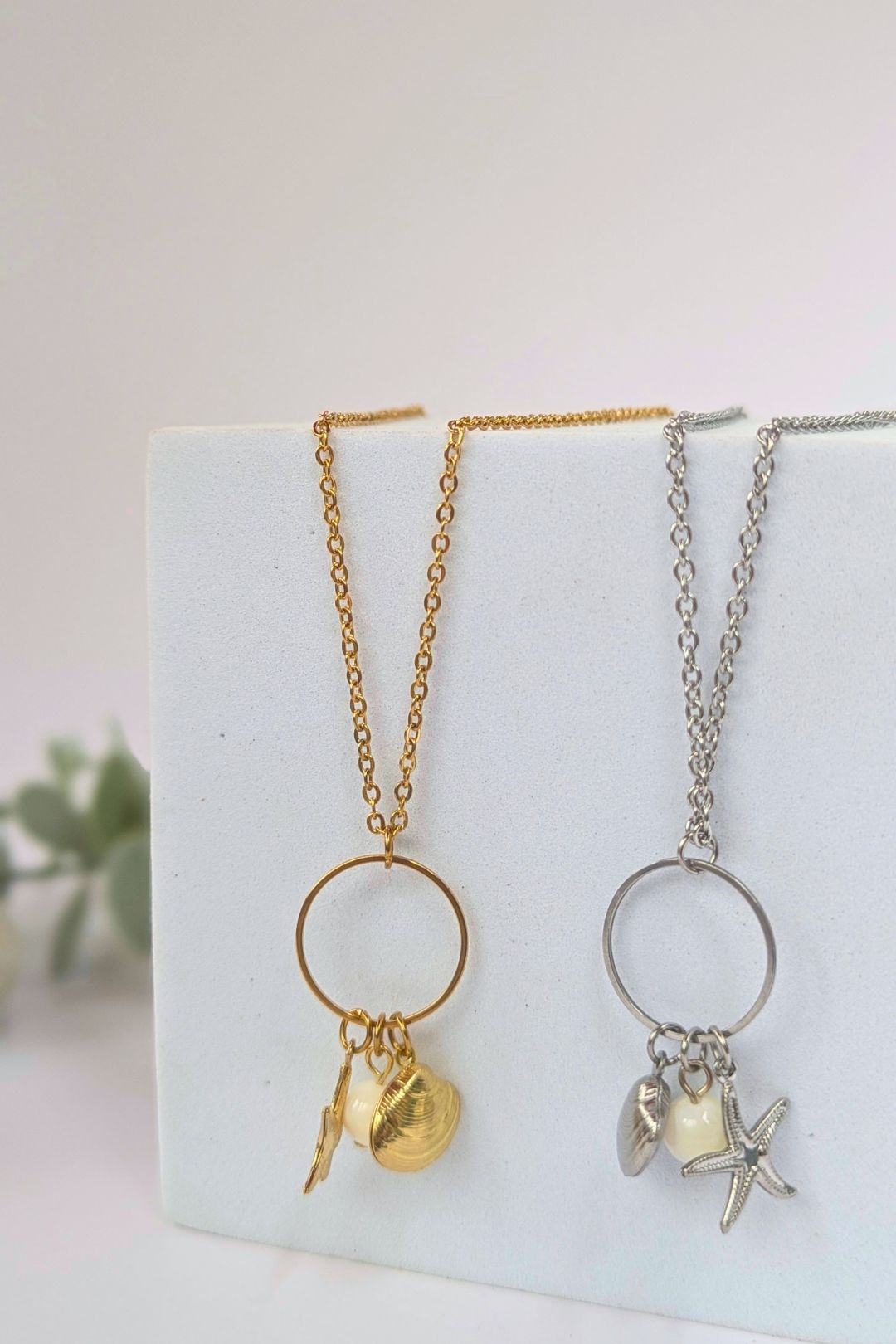 Collier coquillage et étoile de mer en acier inoxydable (pierres) - Collection Harmonie